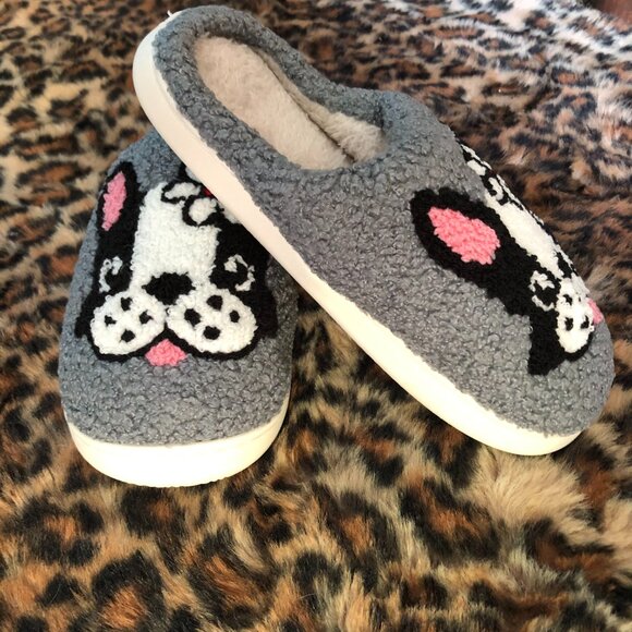 Cute Girl Frenchie French Bulldog Cushioned Fleece Slippers Gray Women's Sz 9-10 - Picture 3 of 6